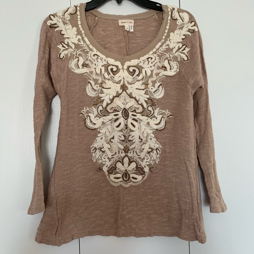 Anthropologie Tan Embroidered Quarter-Sleeve Top